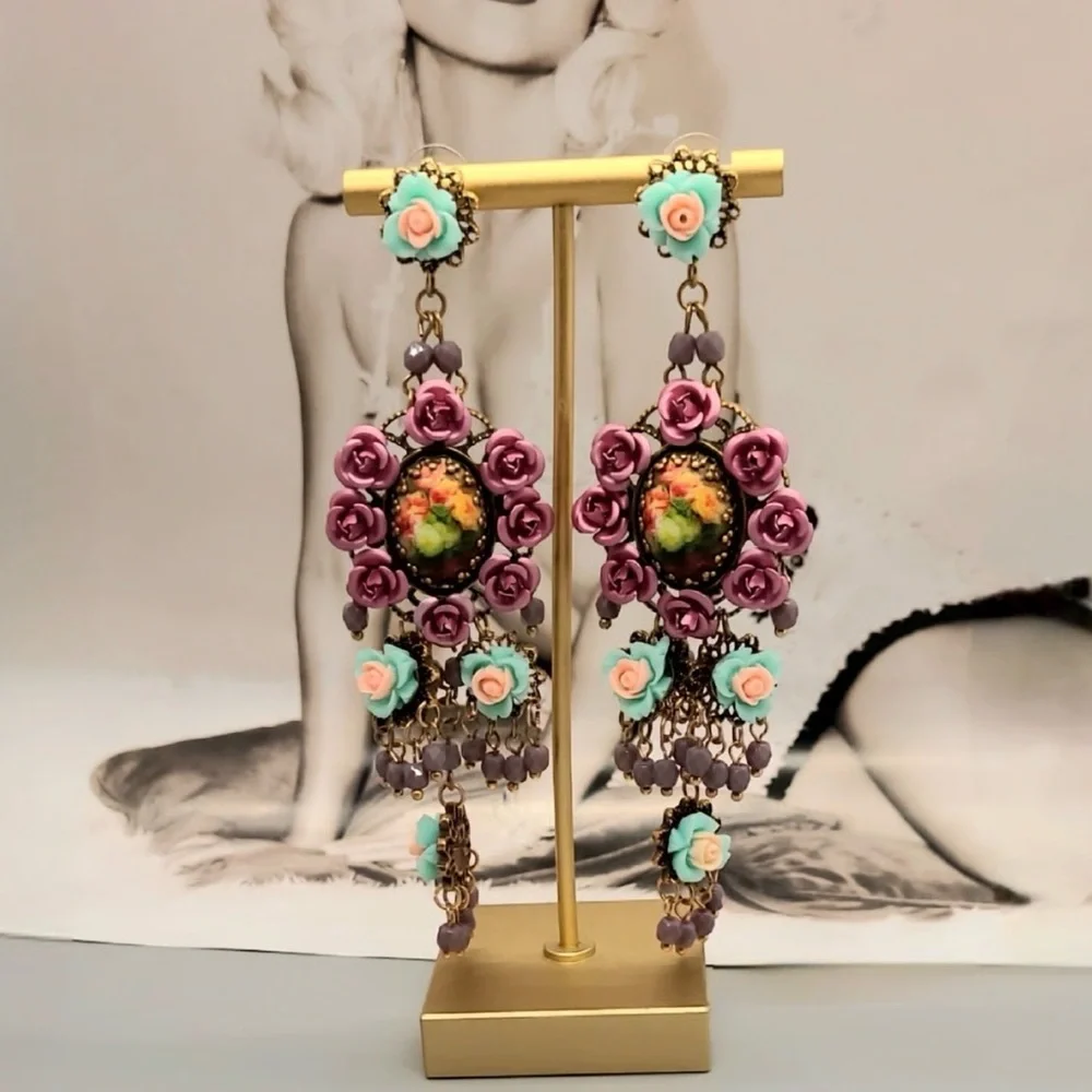 Vintage Style Floral Baroque Earrings Micro Mosaic Style Flower Painting NEW